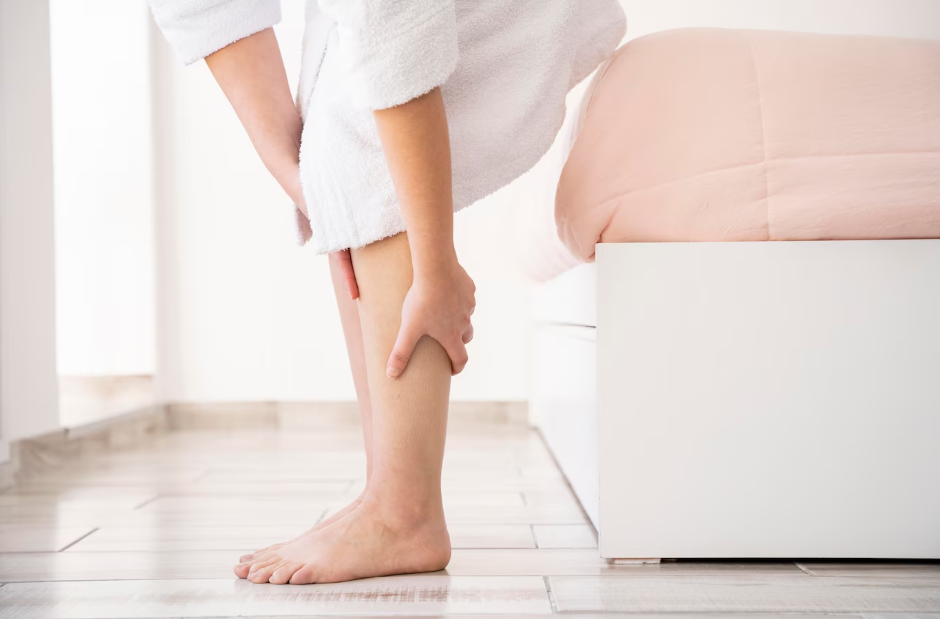 A woman grips her leg in pain from a sudden muscle cramp.