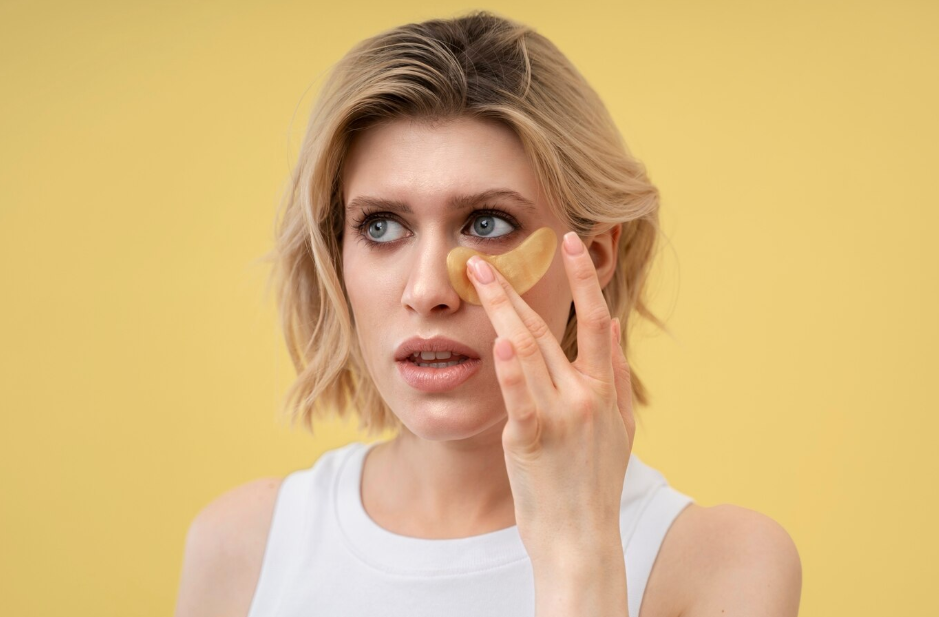 A woman is touching the dark circles under her eyes.