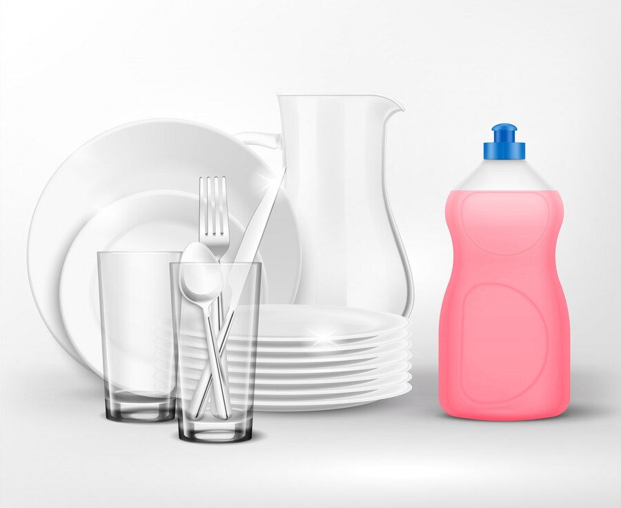 detergent bottle clean dish wash composition with realistic plates dishes with plastic bottle dish soap 1284 33063