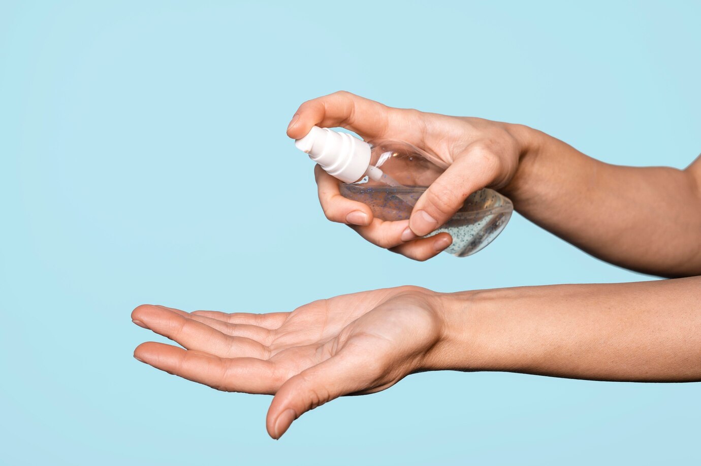 sideways woman washing hands isolated blue 23 2148812533